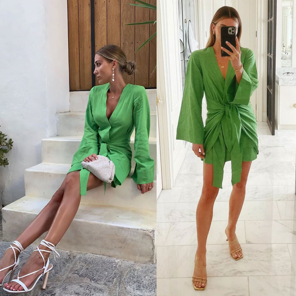 L’Academie The Janeiro Linen Wrap Mini Dress Green Size S Revolve Blogger Fav
